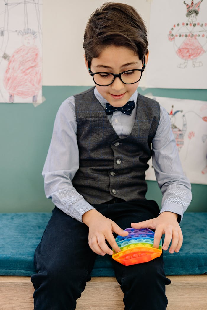services-03 Young boy in vest and bowtie playing with a colorful pop-it toy indoors.